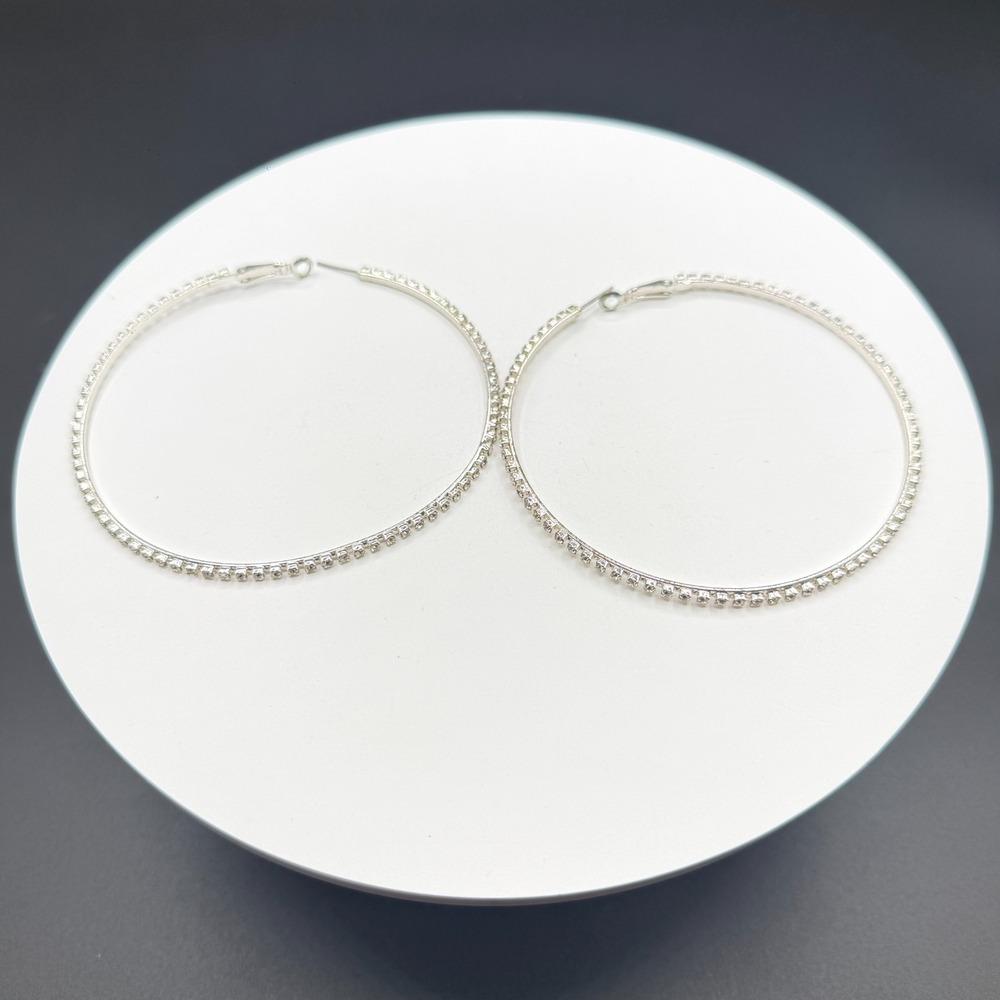 Large Rhinestone Hoop Earrings Silver Tone Sparkly Statement Y2K Party Gift